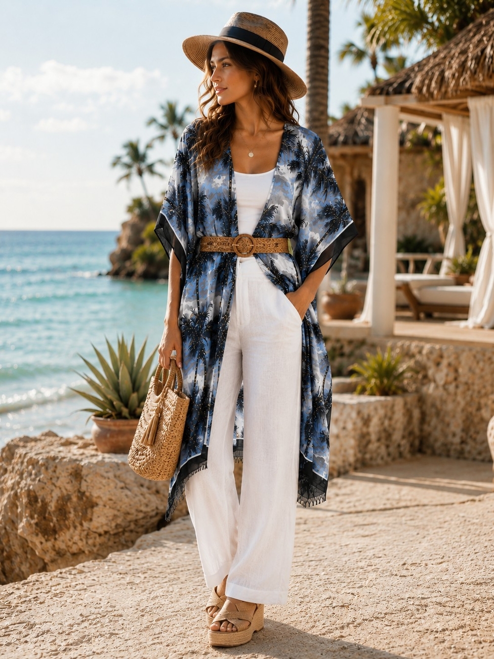 Tropical Palm Print Sheer Beach Kimono Cover Up One Size Blue Gold Resort